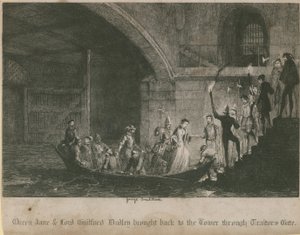Queen Jane ja Lord Guilford Dudley tuotiin takaisin torniin Traitors Gaten kautta tekijältä George Cruikshank