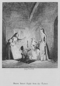 Kuningatar Janen lento tornista (kaiverrus) tekijältä George Cruikshank