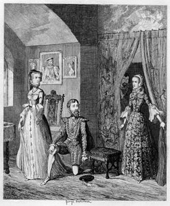 Kuningatar Mary yllätti Courtenayn ja prinsessa Elisabetin, 1553-1555 1840 tekijältä George Cruikshank