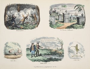 Romut ja luonnokset: Säilytys, Afrikkalainen siirtokunta, Lusikkaseteli, Vaivaus, Vane Man, pubi. 1831 (käsinvärinen kaiverrus) tekijältä George Cruikshank
