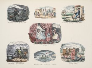 Kuvasarja puisen jalan omistamisen eduista ja puutteista, pub. 1828 (käsinvärinen kaiverrus) tekijältä George Cruikshank