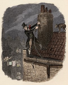 Sikes ja hänen koiransa yrittää paeta - Viimeinen mahdollisuus - Kuvitus "" Oliver Twist"" (Olivier) (Oliver Twistin seikkailut), Charles Dickens (1812-1870), George Cruikshank (1792-1878) . tekijältä George Cruikshank