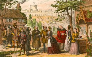 Sir John Falstaff vierailee ystävänsä Pagen luona Windsorissa tekijältä George Cruikshank