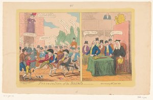 Sarjakuva Englannin sisäpolitiikasta, 1820 Pyhien vaino tekijältä George Cruikshank