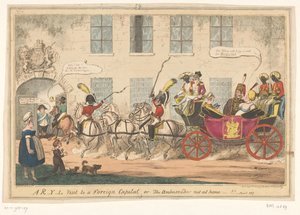 Spotprent op prinses Caroline, 1817 R-Y-L vierailu ulkomaiseen pääkaupunkiin tai, suurlähettiläs ei kotona-!! (otsikko esineessä) tekijältä George Cruikshank