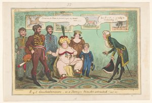 Spotprent op prinses Caroline, 1817 R-y-l alentuminen tai ulkoministeri hämmästynyt! tekijältä George Cruikshank