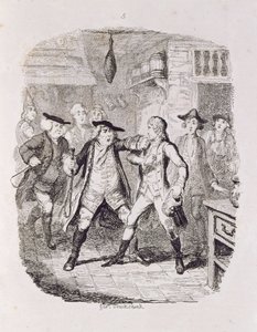 Squire Western Seizing Jones Uptonissa, "Tom Jones, Löytäjän historia", taiteilijan kaivertama, kuvitus teoksesta "The Works of Henry Fielding", pub. kirjoittanut Henry G. Bohn, 1853 tekijältä George Cruikshank