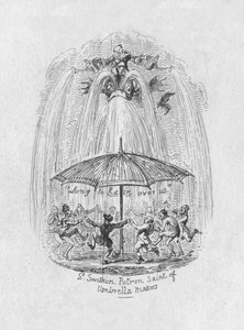 Sateenvarjovalmistajien suojeluspyhimys St. Swithin, 1829 tekijältä George Cruikshank