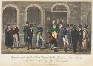"Jonkinlaisen elämän" päättymisen oireita - Tom, Jerry & Logic Newgaten Press Yardissa, "Life in London, etc.", kirjoittanut Pierce Egan tekijältä George Cruikshank