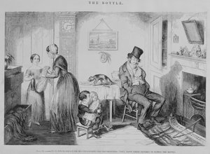 Pullo, levy II, Hänet erotetaan työstään juopumuksen vuoksi: he panttasivat vaatteensa pullon hankkimiseksi, 1847. tekijältä George Cruikshank