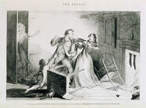 Pullo, lautanen VI, pelottavat riidat ja julma väkivalta ovat luonnollisia seurauksia pullon toistuvasta käytöstä, 1847 tekijältä George Cruikshank