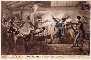 The Cato Street Conspirators, pubi. kirjoittanut G. Humphrey, 9. maaliskuuta 1820 (värillinen lito) tekijältä George Cruikshank
