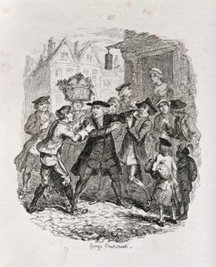 Tohtori vangitsee asianajaja Murphyn, "Ameliasta", taiteilijan kaiverrus, kuvitus teoksesta "The Works of Henry Fielding", pub. kirjoittanut Henry G. Bohn, 1853 tekijältä George Cruikshank