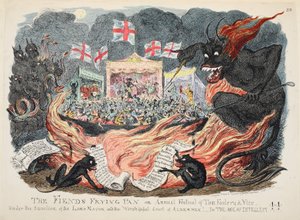 The Fiends Frying Pan tai Annual Festival of Tom Foolery & Vice, pubi. 1832 (käsinvärinen kaiverrus) tekijältä George Cruikshank