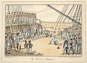 The Point of Honor, Greenwich Hospital, sarja merivoimien luonnoksia, kuvaus sotamiehen elämästä, pubi. 1825 (käsinvärinen kaiverrus) tekijältä George Cruikshank