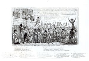 The Spa Fields Orator Hunting for Do-Good!!, pubi. kirjoittanut J. Sidebotham, 1817 tekijältä George Cruikshank