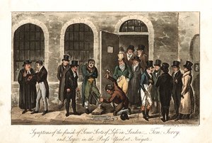 Tom, Jerry ja Logic Press Yardissa, Newgaten vankilassa, Lontoossa, 1821 tekijältä George Cruikshank