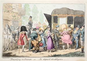 Matkustaminen Ranskassa tai Le Depart de la Diligence, pub. 1835 (käsinvärinen etsaus) tekijältä George Cruikshank