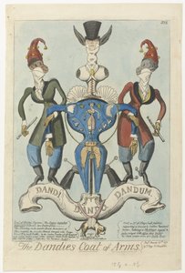 Kaksi pukeutunutta apinaa pitelevät kädessään mallinuken muotoista asetta Dandiesin vaakuna (otsikko esineessä) tekijältä George Cruikshank