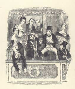 Viktoriaaniset teatterivieraat ryntäävät laatikkoon Lontoon teatterissa (kaiverrus) tekijältä George Cruikshank