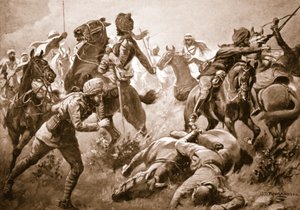 Risaldar Santa Singh, Dafadar Bisham Singh ja Sowar Buda Singh murtautumassa arabien riveistä kapteeni Willoughbyn avuksi tekijältä George Derville Rowlandson