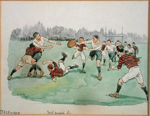 Joulukuu: Rugby (kynä ja muste ja akvarelli paperille)