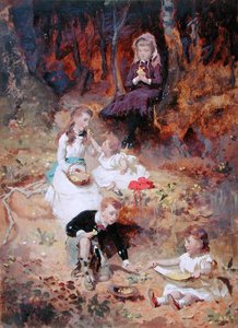 Viisi lasta leikkimässä metsässä (öljy kortille) tekijältä George Elgar Hicks