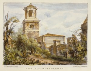 Palace Clock, Kew Gardens, levy 7 Kew Gardens: A Series of Twenty-4 Drawings on Stone, kaiverrettu Charles Hullmandel (1789-1850), julkaistu 1820 (käsinvärinen litho)