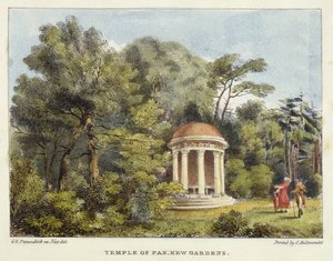 Temple of Pan, Kew Gardens, levy 12 Kew Gardens: A Series of Twenty-Four Drawings on Stone, kaiverrettu Charles Hullmandel (1789-1850), julkaistu 1820 (käsinvärinen litho)