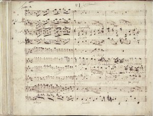 RM 20 E7 f.51v Toinen Händelin oratorion Esther käsikirjoituksen "Ye Sons of Jacob Sing a Cheer..." kahdesta sivusta.