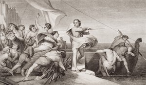 Kuningas Alfred yllytti anglosakseja torjumaan tanskalaisten hyökkäystä vuonna 876 jKr., "Englannin ja Skotlannin historian kuvituksista" osa I. tekijältä George Frederick Watts