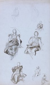 Tutkimuksia istuvasta hahmosta kirjan kanssa (kynä ja ruskea muste ja grafiitti sinisellä paperilla) tekijältä George Frederick Watts