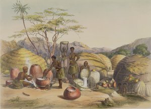 Gudun kraal Tugalassa, Naiset tekevät olutta, lautanen 26 The Kafirs Illustratedista, 1849 tekijältä George French Angas
