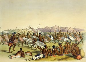 Zulujen metsästystanssi lähellä Engooi-vuoria, levy 14 The Kafirs Illustratedista, 1849