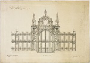 New College Oxford: Ehdotetut portit ja kaiteet puutarhan sisäänkäynnille tekijältä George Gilbert Scott