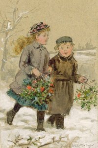 Lapset leikkivät lumessa - keräilemässä Hollya (wc korotettu valkoisella paperilla) (katso pari kohdasta 224240) tekijältä George Goodwin Kilburne