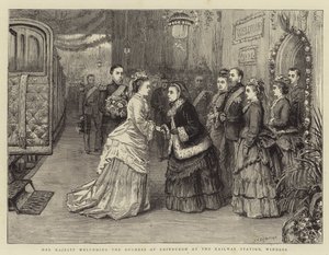 Hänen Majesteettinsa toivottaa Edinburghin herttuattaren tervetulleeksi rautatieasemalle, Windsoriin tekijältä George Goodwin Kilburne