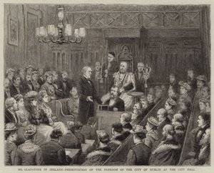 Mr Gladstone Irlannissa, Dublinin kaupungin vapauden esittely kaupungintalolla tekijältä George Goodwin Kilburne