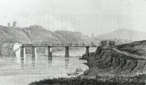 Bridge Zanesvillessä, Ohiossa, Adlard Welbyn julkaisusta "Vierailu Pohjois-Amerikassa ja englantilaisiin siirtokuntiin Illinoisissa", julkaistu 1821