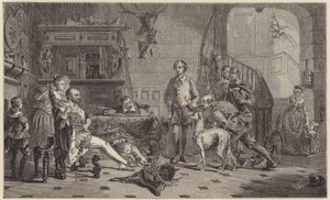 Shakespeare toi Sir Thomas Lucyn eteen peuran salametsästystä. (kaiverrus)