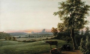 Auringonnousu - Flatbush ja valtameri Greenwoodin hautausmaalta, Long Island, New York, n. 1830-40 (akvarelli, guassi ja grafiitti paperille)