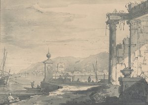 Rannikkokohtaus, jossa on klassinen raunio oikealla, 1811. tekijältä George Hawkins
