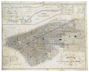 New Yorkin kaupungin kartta, 1850 (musta muste, väripesu, paperille)