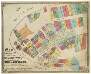 Kartta Dutch West India Companyn alkuperäisistä kylätonteista New-Amsterdamin (nykyinen New York) asukkaille nykyisen Wall Streetin linjan alapuolella, 1857 (musta muste, värillä)