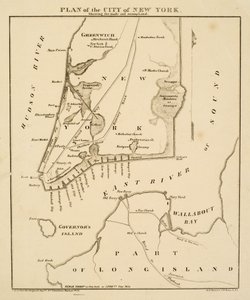 New Yorkin kaupungin suunnitelma, jossa näkyy tehty [sic] ja suoalue, 1856 (musta muste paperille)