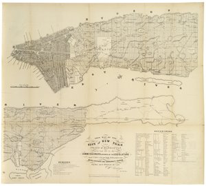 Tämä New Yorkin kaupungin ja Manhattanin saaren kartta lainsäätäjän nimittämien komissaarien laatimana. . ., 1853 (musta muste paperille)