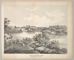 Näkymä Central Parkissa, jossa on parvekesilta ja Oak Bridge Valentines Manual, 1861.