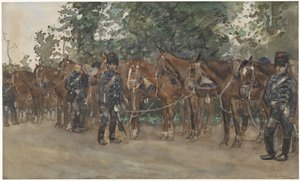 Husaarit seisovat hevostensa vieressä tien varrella tekijältä George Hendrik Breitner