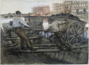 Työläiset vetävät raskaasti lastattavaa kärryä Jacob van Lennepkadella Amsterdamissa tekijältä George Hendrik Breitner