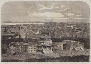 Lintuperspektiivinäkymä Washingtonin kaupunkiin, Capitol etualalla
